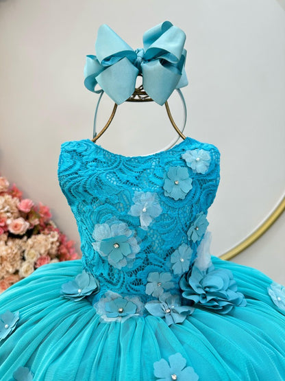 Vestido Infantil Verde em Renda com Aplique de Flores e Laço nas Costas