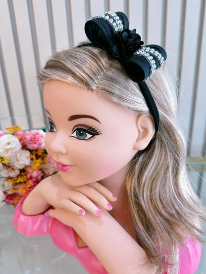 Faixinha de Cabelo Bebê Rosa em Meia de Seda com Laço Florzinha e Strass para Estilo Princesa