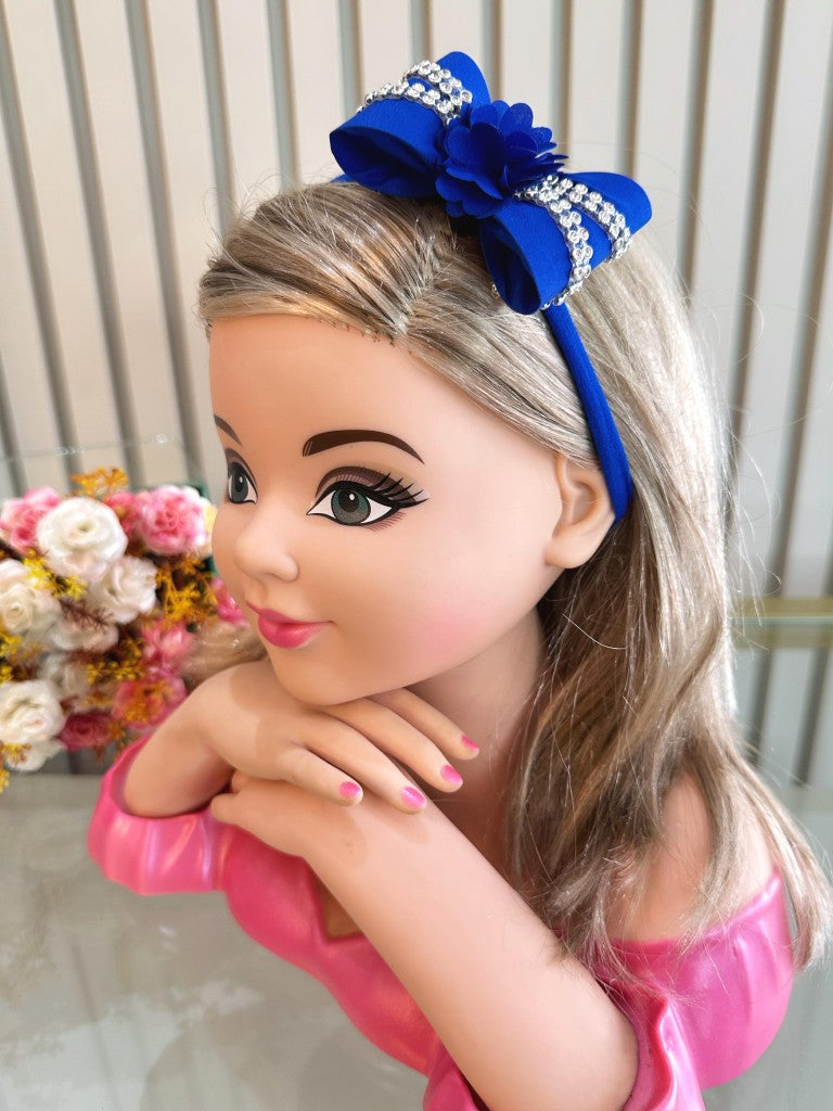 Faixinha de Cabelo Bebê Rosa em Meia de Seda com Laço Florzinha e Strass para Estilo Princesa