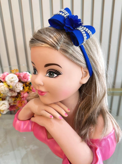 Faixinha de Cabelo Bebê Rosa em Meia de Seda com Laço Florzinha e Strass para Estilo Princesa