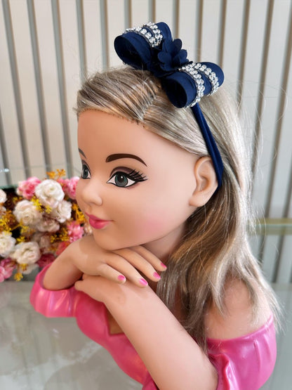 Faixinha de Cabelo Bebê Rosa em Meia de Seda com Laço Florzinha e Strass para Estilo Princesa