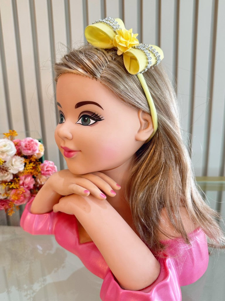 Faixinha de Cabelo Bebê Rosa em Meia de Seda com Laço Florzinha e Strass para Estilo Princesa