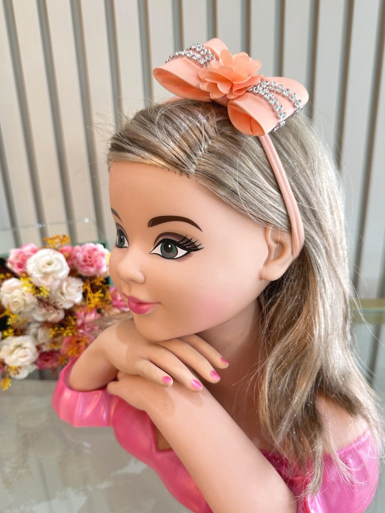 Faixinha de Cabelo Bebê Rosa em Meia de Seda com Laço Florzinha e Strass para Estilo Princesa