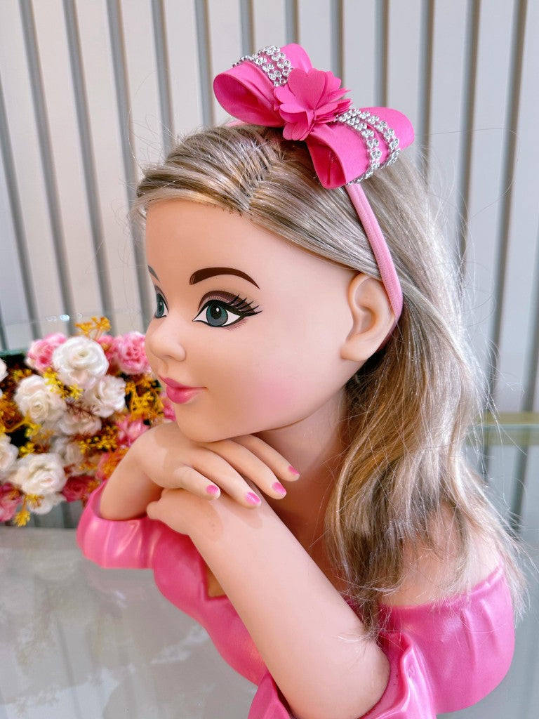 Faixinha de Cabelo Bebê Rosa em Meia de Seda com Laço Florzinha e Strass para Estilo Princesa