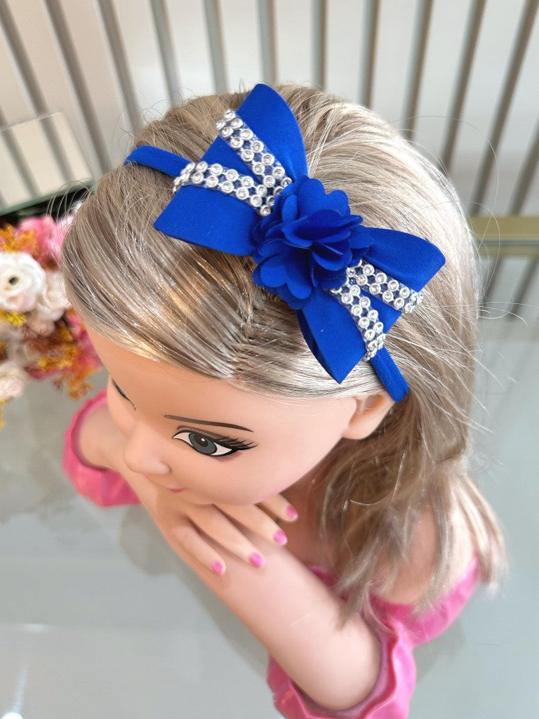 Faixinha de Cabelo Bebê Rosa em Meia de Seda com Laço Florzinha e Strass para Estilo Princesa