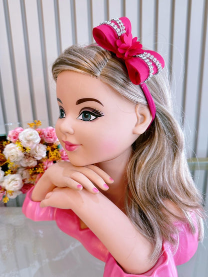 Faixinha de Cabelo Bebê Rosa em Meia de Seda com Laço Florzinha e Strass para Estilo Princesa