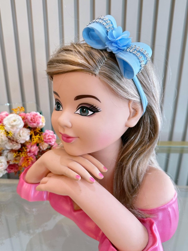 Faixinha de Cabelo Bebê Rosa em Meia de Seda com Laço Florzinha e Strass para Estilo Princesa