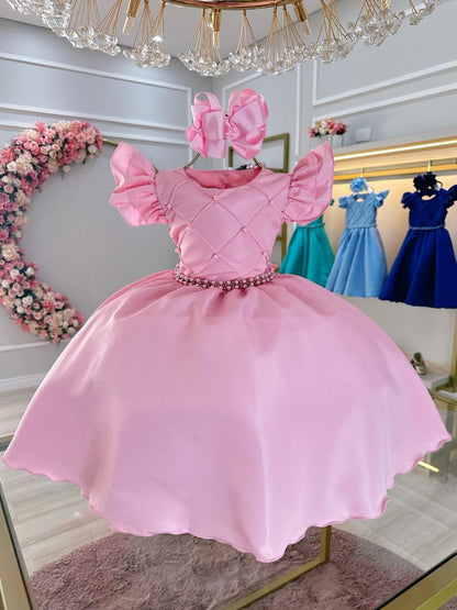 Vestido Infantil Rosa Claro em Cetim com Busto Nervura e Pérolas para Festa