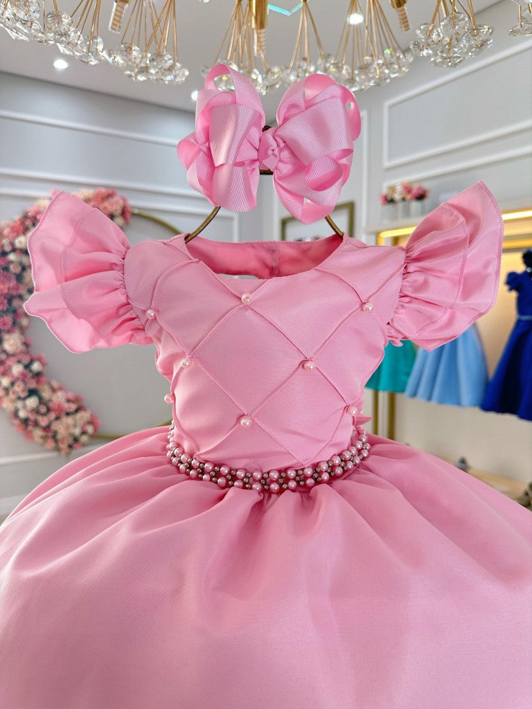 Vestido Infantil Rosa Claro em Cetim com Busto Nervura e Pérolas para Festa