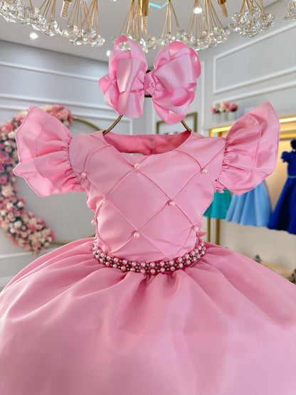 Vestido Infantil Rosa Claro em Cetim com Busto Nervura e Pérolas para Festa