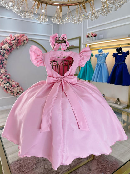 Vestido Infantil Rosa Claro em Cetim com Busto Nervura e Pérolas para Festa