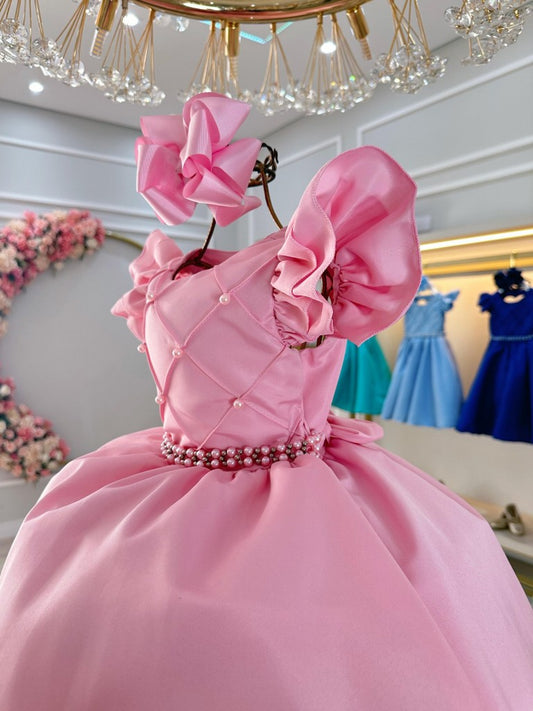 Vestido Infantil Rosa Claro em Cetim com Busto Nervura e Pérolas para Festa