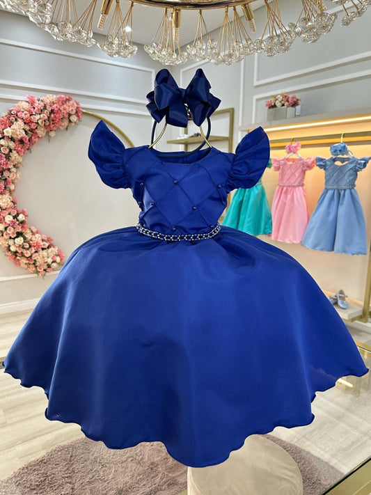 Vestido Infantil Azul Royal em Cetim com Busto Nervurado e Pérolas para Festas