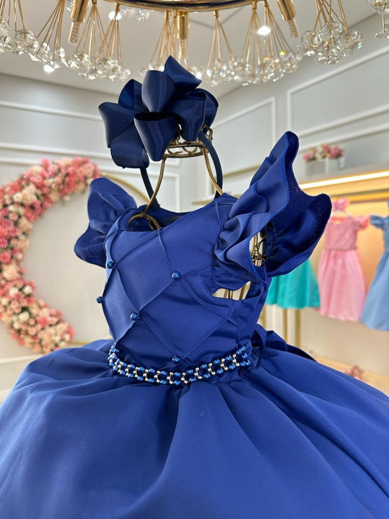 Vestido Infantil Azul Royal em Cetim com Busto Nervurado e Pérolas para Festas