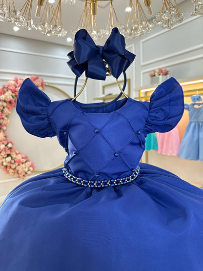 Vestido Infantil Azul Royal em Cetim com Busto Nervurado e Pérolas para Festas