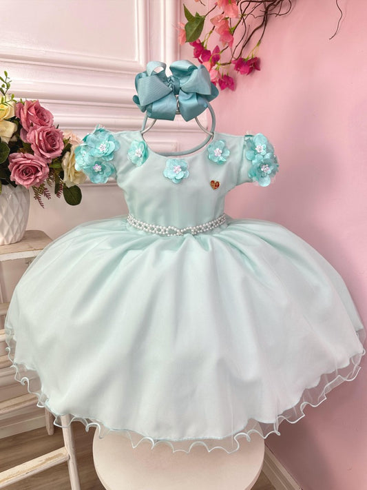 Vestido Infantil Verde Claro em Tule com Apliques de Flores Saia Rodada para Daminhas