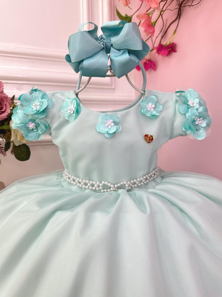Vestido Infantil Verde Claro em Tule com Apliques de Flores Saia Rodada para Daminhas