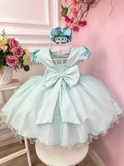 Vestido Infantil Verde Claro em Tule com Apliques de Flores Saia Rodada para Daminhas