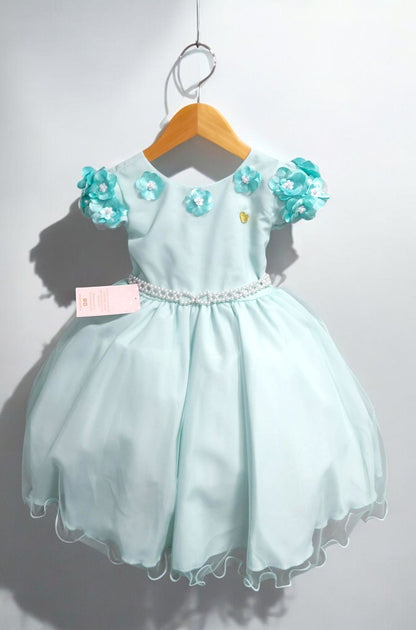 Vestido Infantil Verde Claro em Tule com Apliques de Flores Saia Rodada para Daminhas