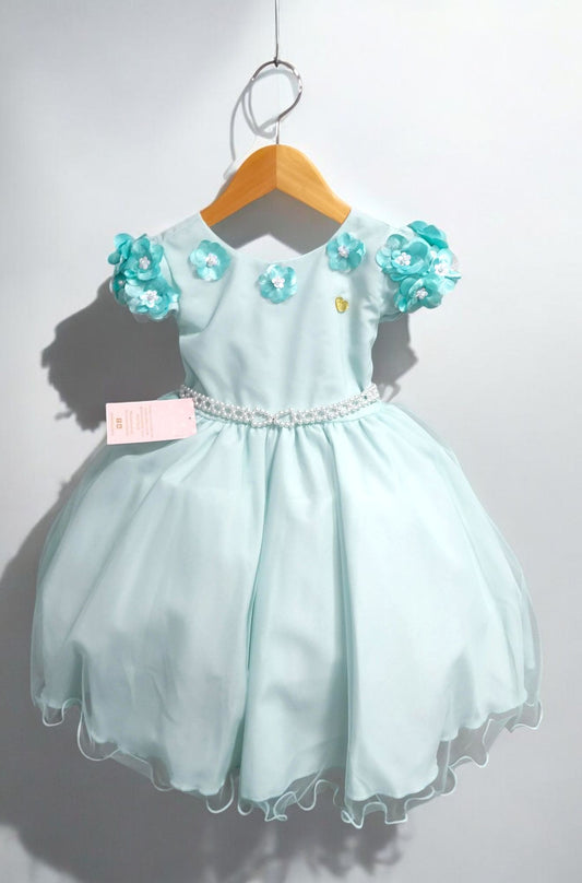 Vestido Infantil Verde Claro em Tule com Apliques de Flores Saia Rodada para Daminhas