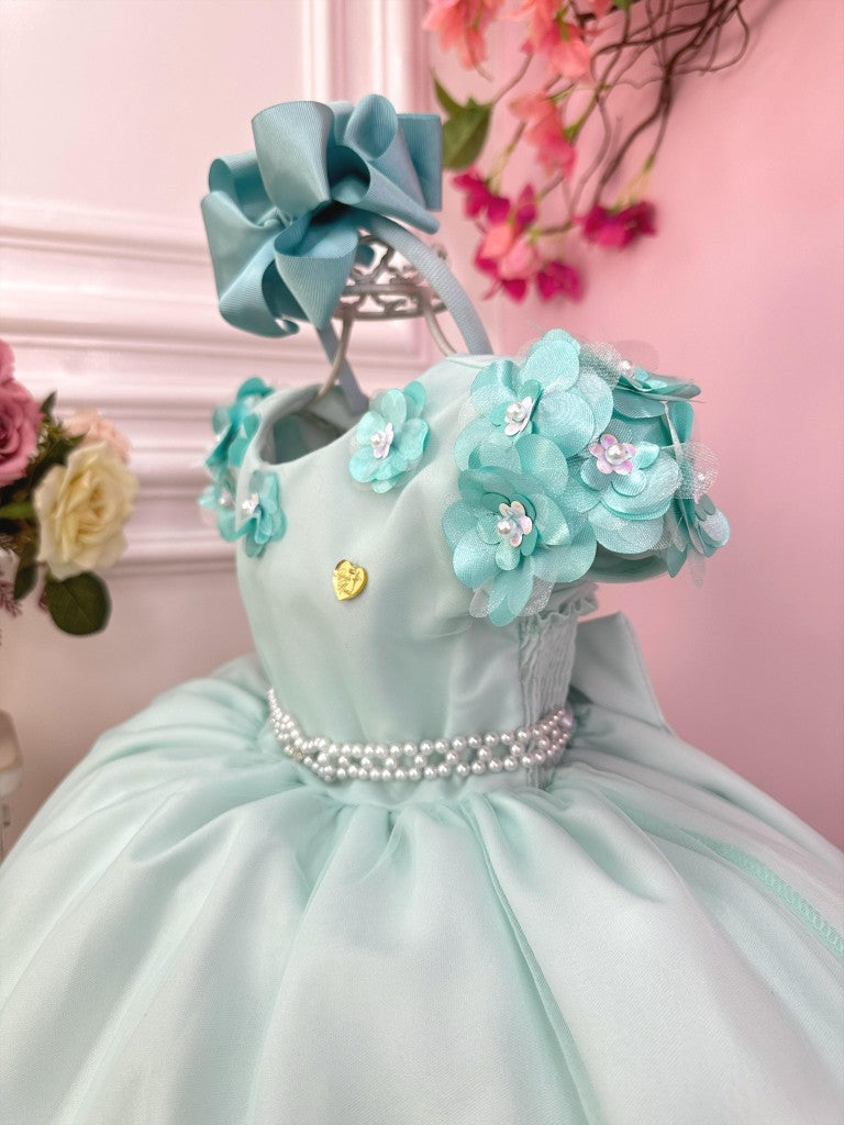 Vestido Infantil Verde Claro em Tule com Apliques de Flores Saia Rodada para Daminhas
