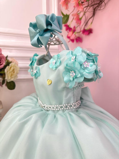 Vestido Infantil Verde Claro em Tule com Apliques de Flores Saia Rodada para Daminhas