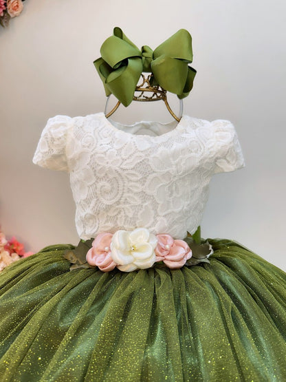 Vestido Infantil Longo Off White Saia Verde Oliva Daminha