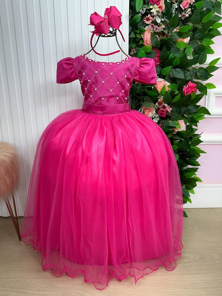 Vestido Infantil Pink em Tecido Misto com Strass e Pérolas Saia Rodada para Festa de Aniversário