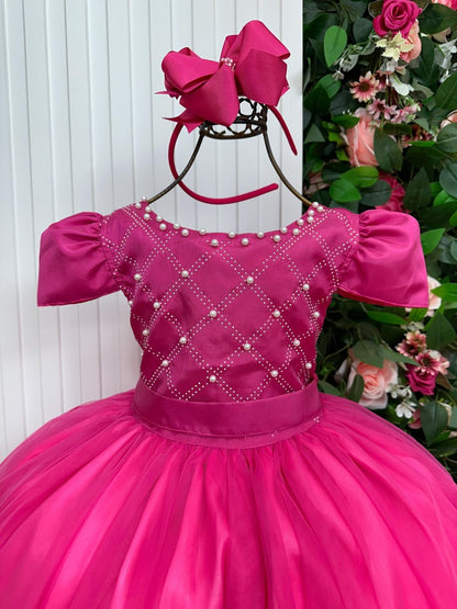 Vestido Infantil Pink em Tecido Misto com Strass e Pérolas Saia Rodada para Festa de Aniversário