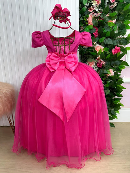 Vestido Infantil Pink em Tecido Misto com Strass e Pérolas Saia Rodada para Festa de Aniversário