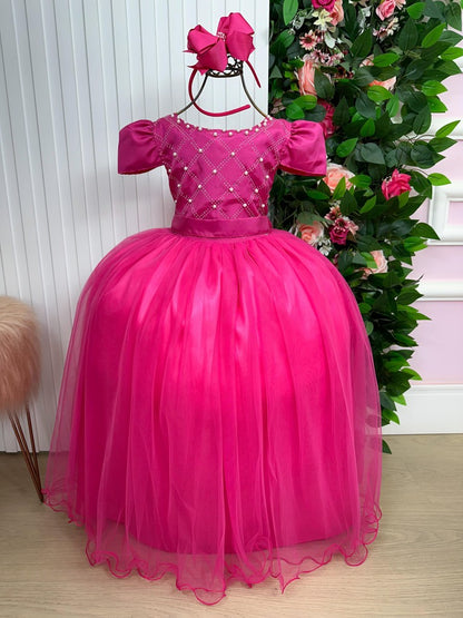 Vestido Infantil Pink em Tecido Misto com Strass e Pérolas Saia Rodada para Festa de Aniversário