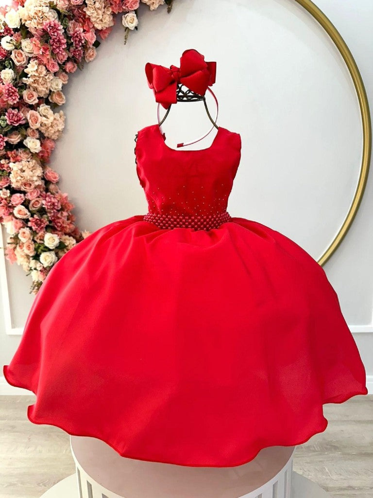 Vestido Infantil Vermelho em Cetim com Strass Luxuoso para Festa de Damas