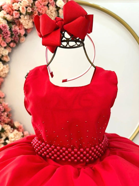 Vestido Infantil Vermelho em Cetim com Strass Luxuoso para Festa de Damas