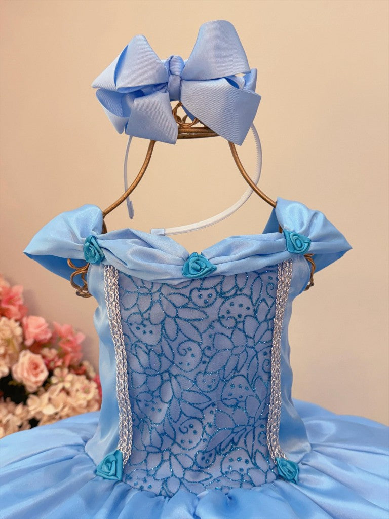 Fantasia Infantil Frozen e Cinderela C/ Renda Azul Claro