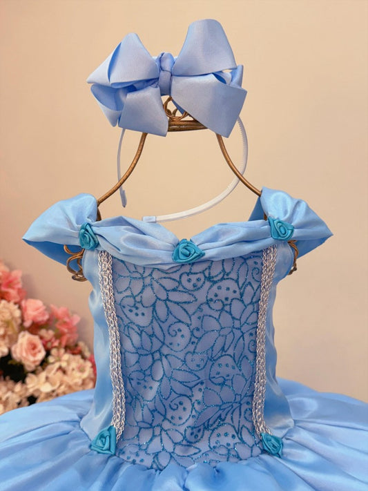 Fantasia Infantil Frozen e Cinderela C/ Renda Azul Claro