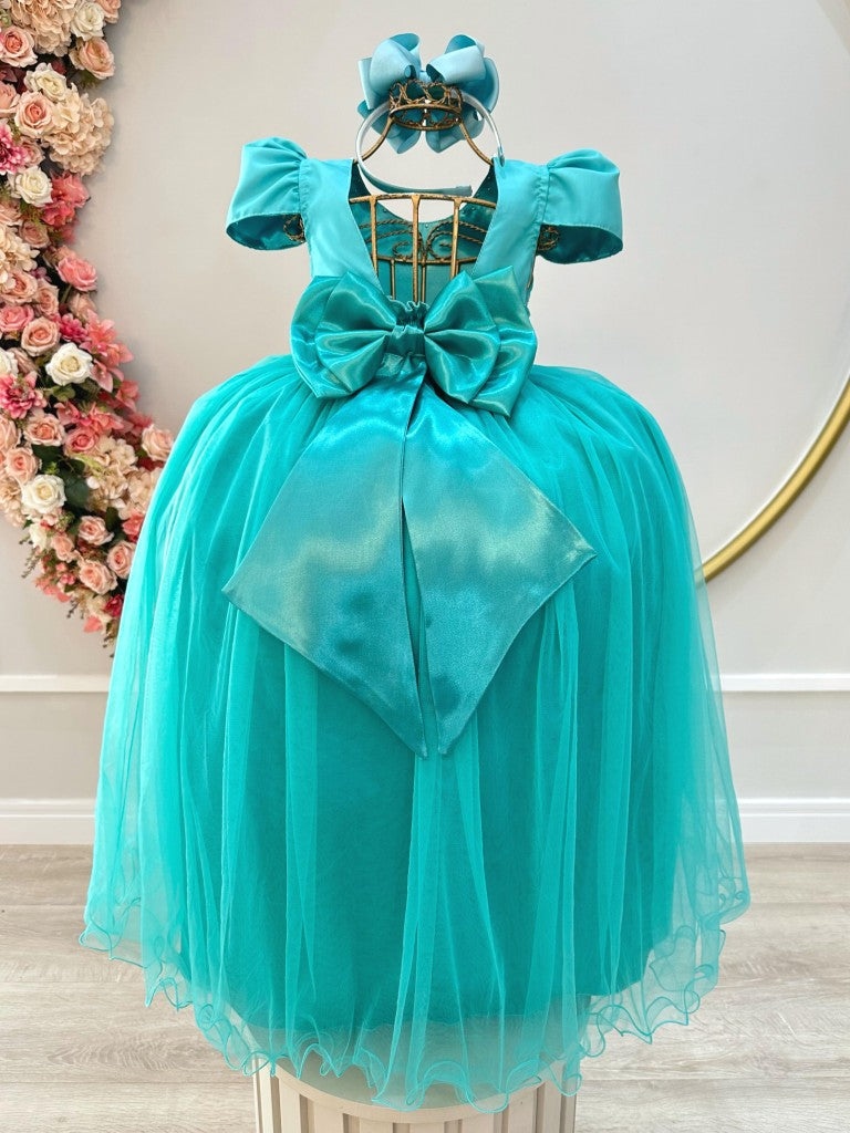 Vestido Infantil Longo Verde Com Strass e Pérolas Daminhas