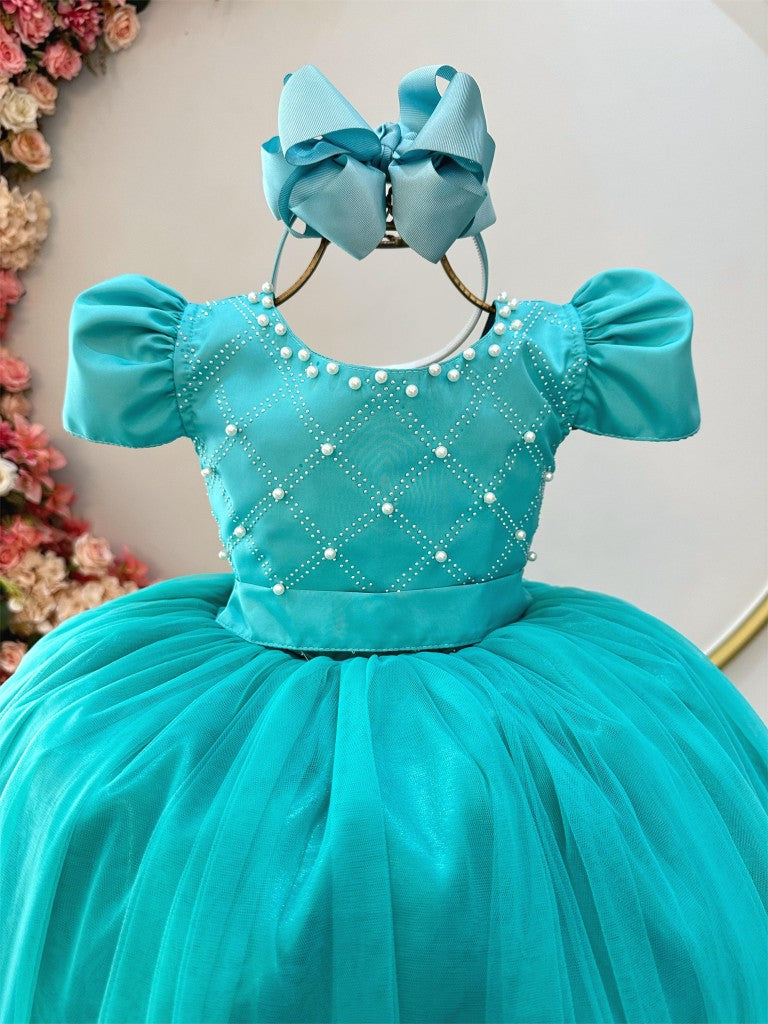 Vestido Infantil Longo Verde Com Strass e Pérolas Daminhas
