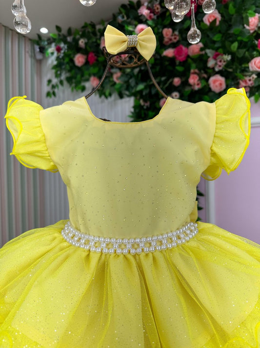 Vestido Infantil Amarelo em Poliester com Laço Elegante para Festa de Aniversário