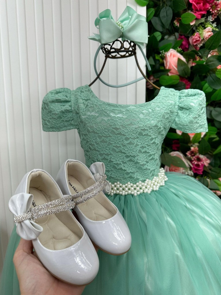 Vestido Infantil Verde Menta em Poliéster com Saia Rodada e Laço nas Costas para Festa de Aniversário