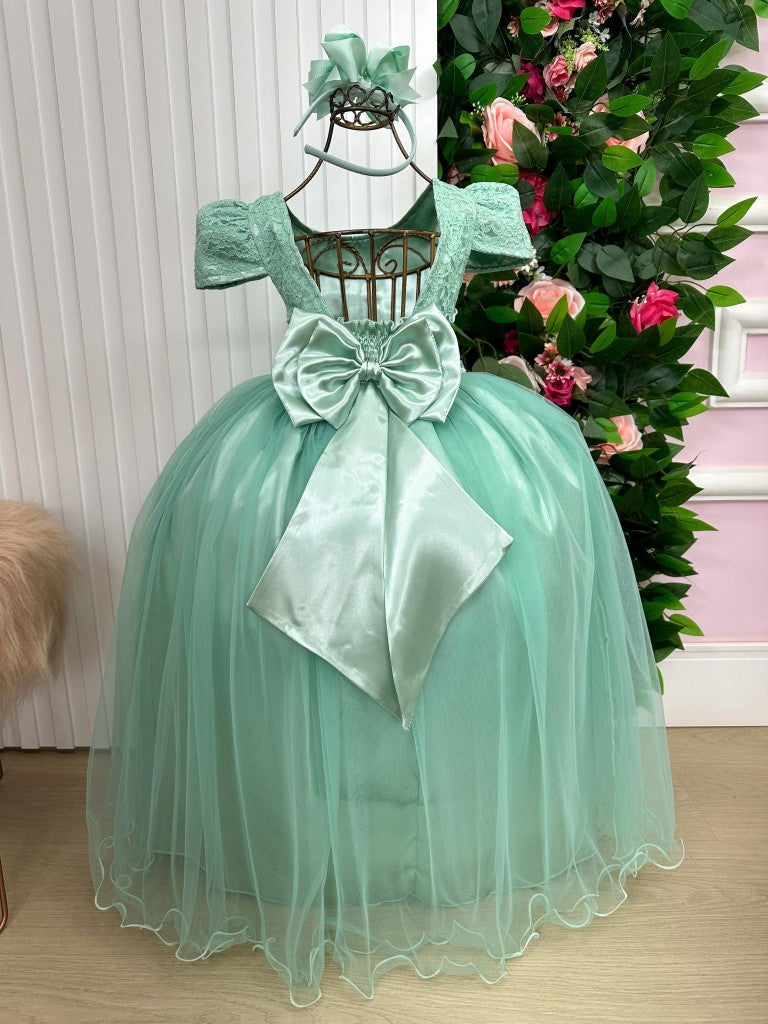 Vestido Infantil Verde Menta em Poliéster com Saia Rodada e Laço nas Costas para Festa de Aniversário