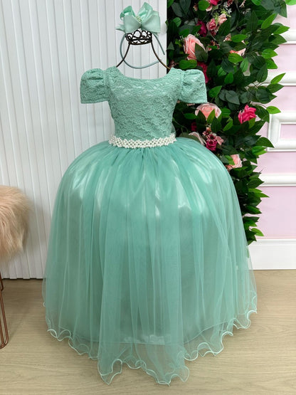 Vestido Infantil Verde Menta em Poliéster com Saia Rodada e Laço nas Costas para Festa de Aniversário