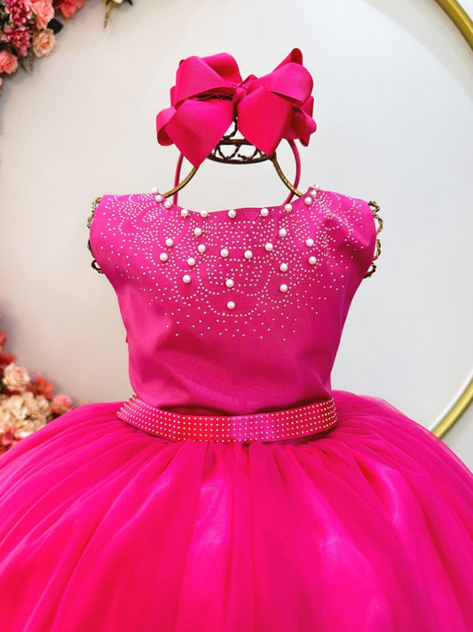 Vestido Infantil Damas de Honra Longo Pink Strass e Pérolas
