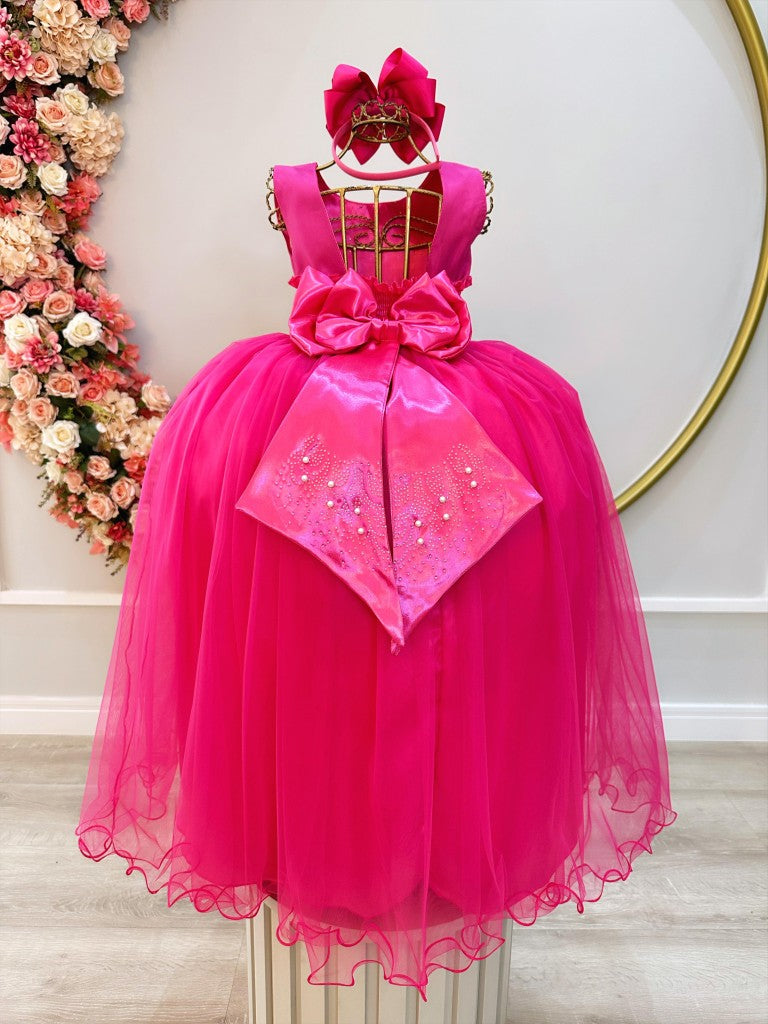 Vestido Infantil Damas de Honra Longo Pink Strass e Pérolas