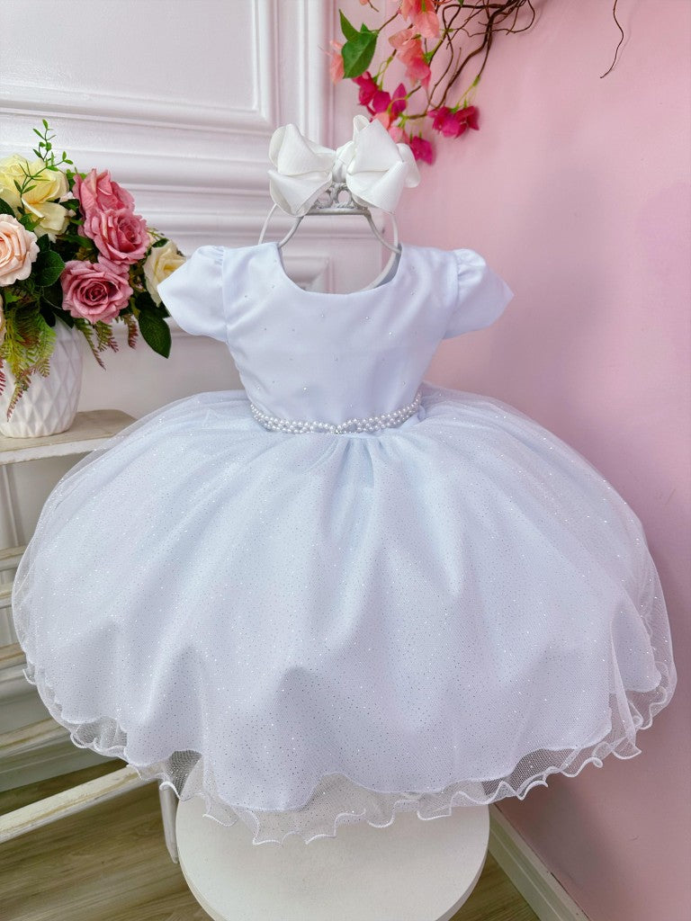 Vestido Infantil Branco em Cetim com Busto em Strass e Saia com Glitter para Daminhas