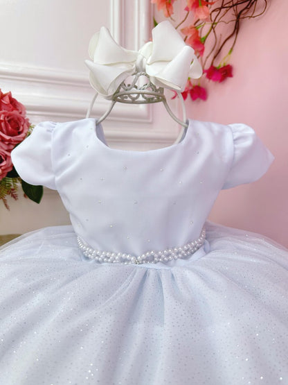 Vestido Infantil Branco em Cetim com Busto em Strass e Saia com Glitter para Daminhas