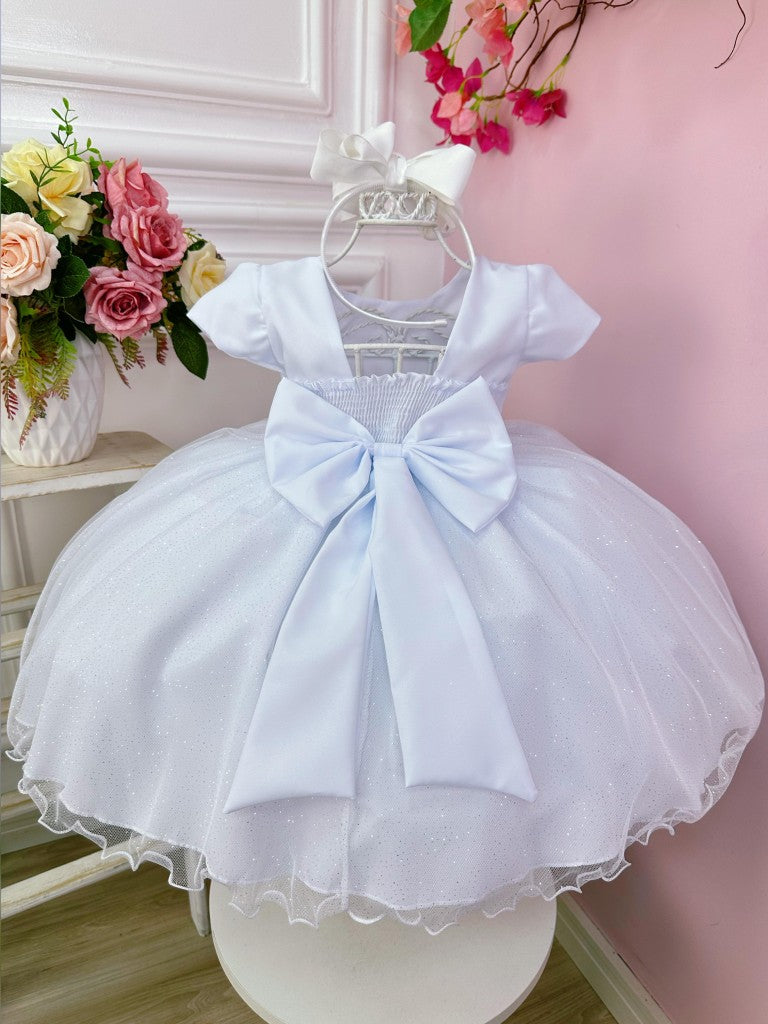 Vestido Infantil Branco em Cetim com Busto em Strass e Saia com Glitter para Daminhas