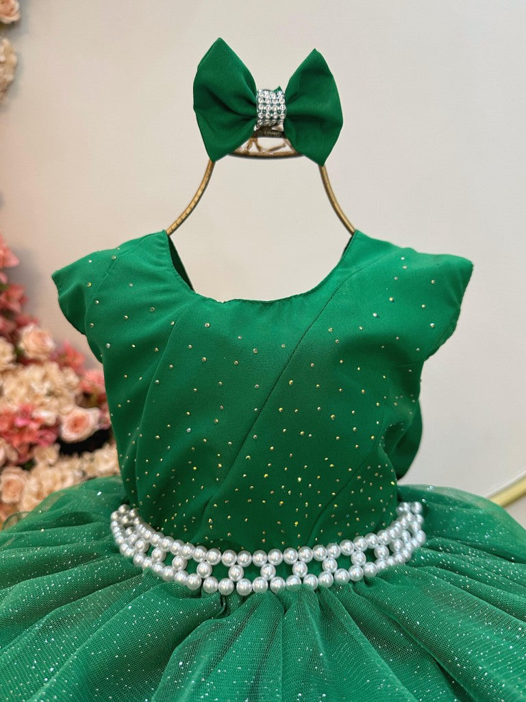 Vestido Infantil Verde em Cetim com Saia Babado e Glitter para Daminhas