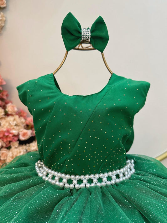 Vestido Infantil Verde em Cetim com Saia Babado e Glitter para Daminhas