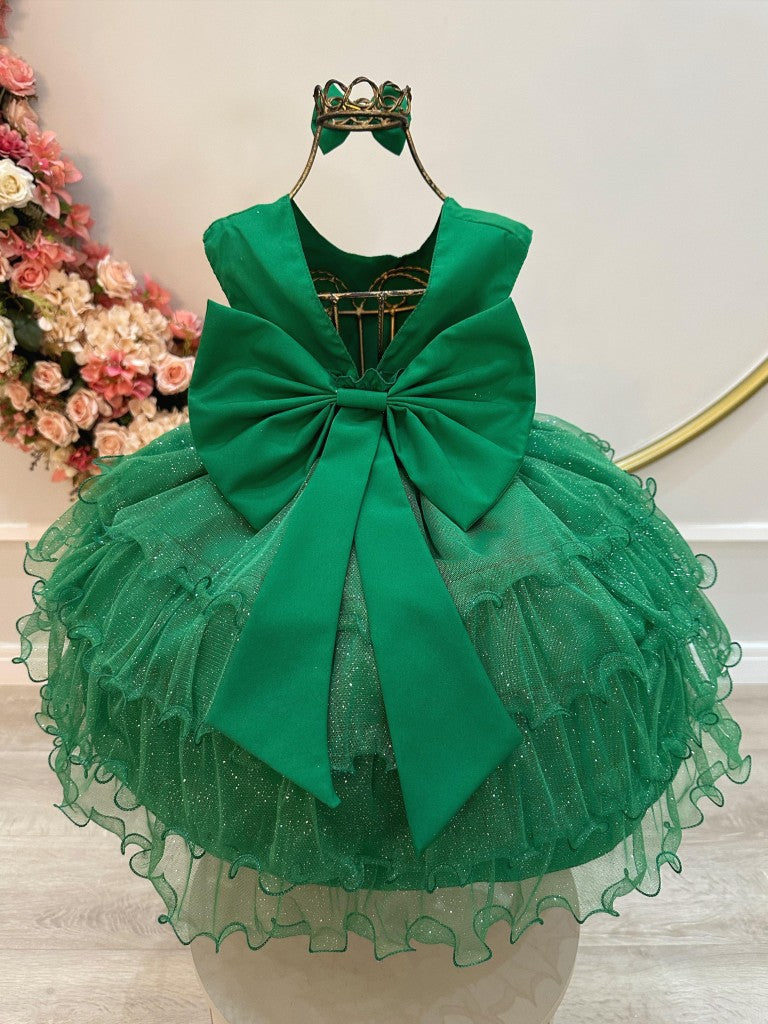 Vestido Infantil Verde em Cetim com Saia Babado e Glitter para Daminhas