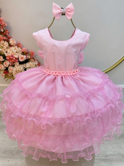 Vestido Infantil Rosa Claro Saia C/ Babados e Glitter Daminha
